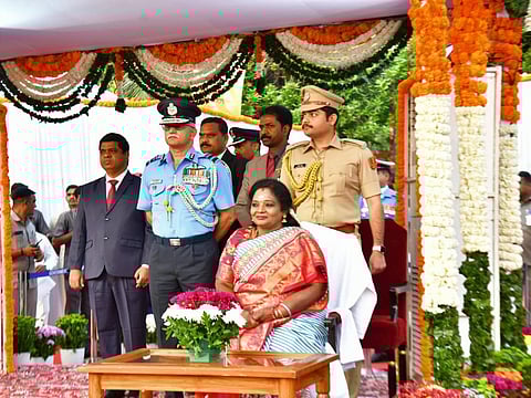 Telangana Governor Tamilisai Soundararajan and other officials during Republic Day celebrations at Public Gardens, Hyderabad, on Jan 26, 2024