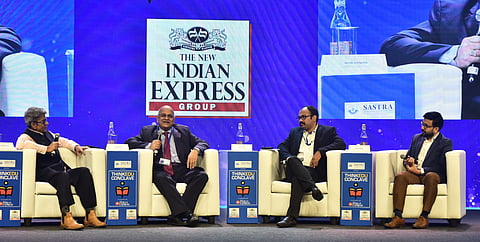 Shankkar Aiyar chaired the panel comprising Alok Ranjan, former IAS officer and author, Alby John, MD, Metropolitan Transport Corporation, and Manuj Jindal, CEO, Zilla Parishad, Thane at ThinkEdu 2024 (Express Photo | P Jawahar)