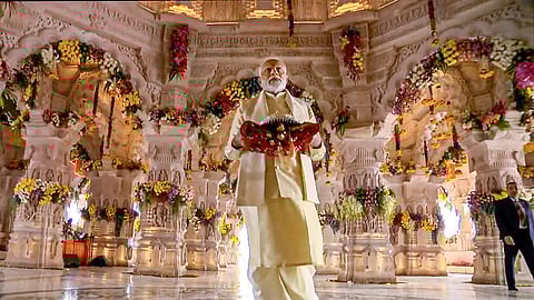 Prime Minister Narendra Modi at the Ram Mandir for its consecration ceremony, in Ayodhya.