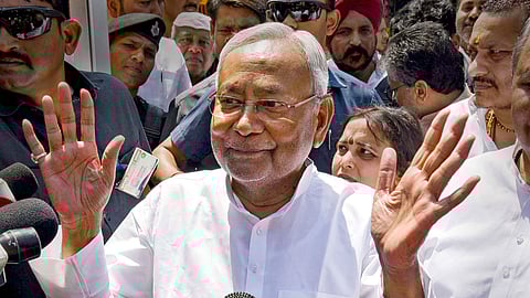 Bihar Chief Minister Nitish Kumar talks to the media in Patna