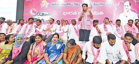 BRS working president KT Rama Rao addresses the pink party’s preparatory meeting for the Hyderabad and Secunderabad Lok Sabha segments on Saturday