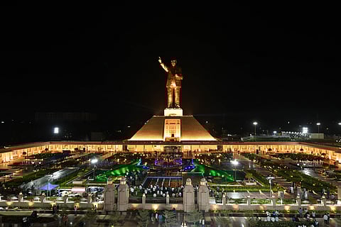 Dr BR Ambedkar's statue ahead of its unveiling ceremony by CM YS Jagan Mohan Reddy in Vijayawada on Thursday.
