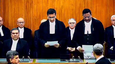 Chief Justice of India (CJI) Justice D.Y. Chandrachud administers the oath of office to Justice Prasanna B. Varale as a judge of the Supreme Court, in New Delhi, on Jan. 24, 2024.