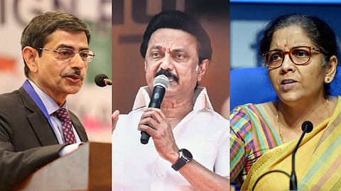 Governor R N Ravi, Tamil Nadu CM MK Stalin and Union Finance Minister Nirmala Sitharaman.