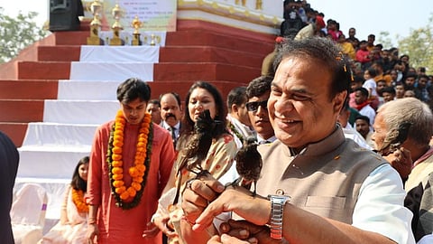 Chief Minister Himanta Biswa Sarma watching the traditional event at the historic Hayagrib Madhab Mandir at Hajo on the outskirts of Guwahati.