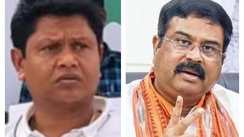 BJD general secretary Pranab Prakash Das and Union Education Minister Dharmendra Pradhan.