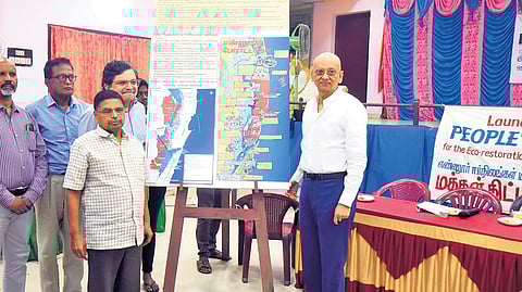 Retired judges Muralidhar, Hariparandhaman and Kannan releasing the plan drafted by Ennore Makkal Paathukaappu Kuzhu