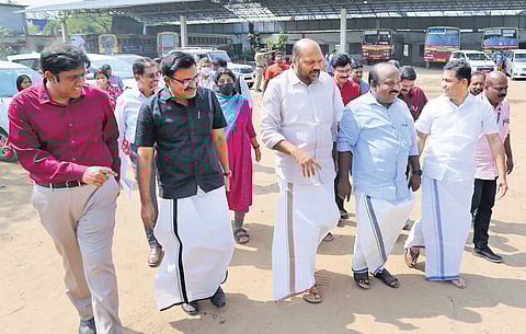Industries Minister P Rajeeve, Kochi Mayor M Anilkumar, Ernakulam MP Hibi Eden, MLA T J Vinod, and District Collector N S K Umesh visit the site earmarked for the new Ernakulam KSRTC bus stand on Sunday.