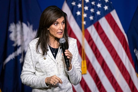 Republican presidential candidate former UN Ambassador Nikki Haley speaks during a campaign event at The North Charleston Coliseum, Wednesday, Jan. 24, 2024, in North Charleston, S.C.