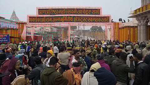 Preparations on the eve of the consecration ceremony of Ram Mandir, in Ayodhya on Sunday.