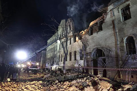 In this photo provided by the Kharkiv Regional Administration, an apartment building damaged in a Russian rocket attack is seen in Kharkiv, Ukraine, in the early hours of Wednesday, Jan. 17, 2024.