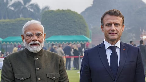 Prime Minister Narendra Modi with French President Emmanuel Macron during the 'At-Home' reception on the occasion of 75th Republic Day, at the Rashtrapati Bhavan, in New Delhi, Friday, Jan. 26, 2024.