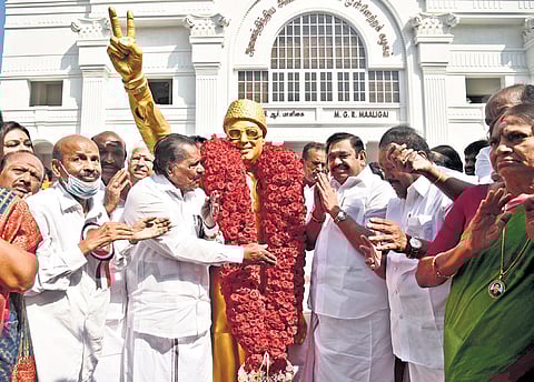 Edappadi K Palaniswami after garlanding the statue of MGR at the party headquarters in Chennai on Wednesday