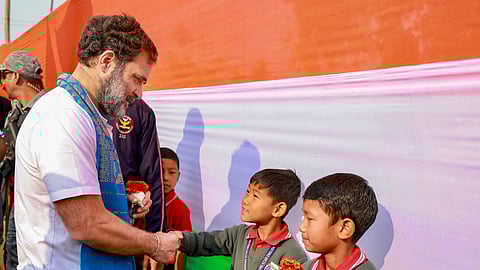 Congress leader Rahul Gandhi with students during the 'Bharat Jodo Nyay Yatra' at Rajgarh-Hollongi border, Sunday, Jan. 21, 2024.