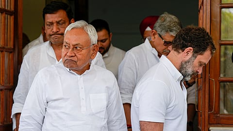 Bihar Chief Minister Nitish Kumar and Congress leader Rahul Gandhi at AICC President Mallikarjun Kharge's residence, in New Delhi, April 12, 2023.