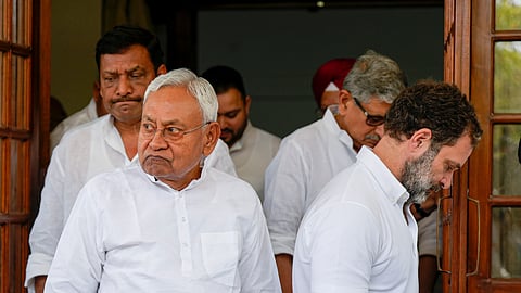 Bihar Chief Minister Nitish Kumar and Congress leader Rahul Gandhi .