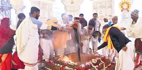 Priests invoking God Agni as part of Pran Pratishthan rituals in Ayodhya on Friday.