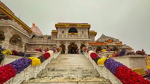 Ram Mandir being decorated with flowers on the eve of its consecration ceremony, in Ayodhya, Sunday, Jan. 21, 2024.