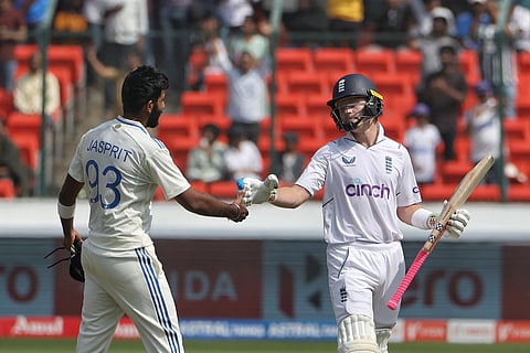 England's batter Ollie Pope being greeted by India's bowler Jasprit Bumrah after his dismissal. Pope's stellar knock of 196 runs off 278 balls helped England set a formidable target for India.