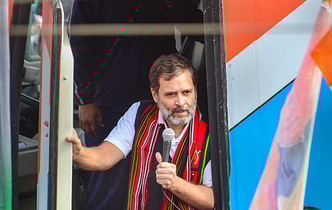 Congress leader Rahul Gandhi addresses supporters during the 'Bharat Jodo Nyay Yatra', in Kohima, Nagaland on Jan 16