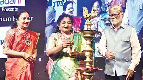 Telangana Governor Dr Tamilisai Soundararajan inaugurates the 26th Devi Awards function by lighting a lamp as TNIE CEO Lakshmi Menon, Editorial Director Prabhu Chawla and Editor Santwana Bhattacharya look on.