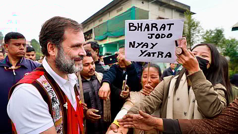 Congress leader Rahul Gandhi with supporters during the Bharat Jodo Nyay Yatra, in Assam.