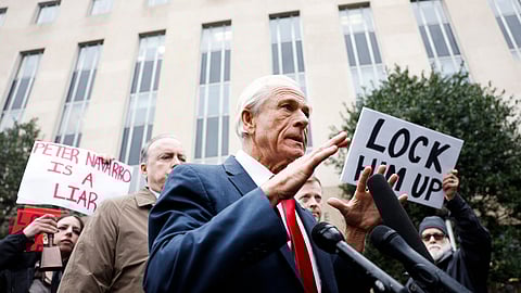 Peter Navarro, a former advisor to former US President Donald Trump, speaks to reporters as he departs the Courthouse on January 25, 2024 in Washington, DC.