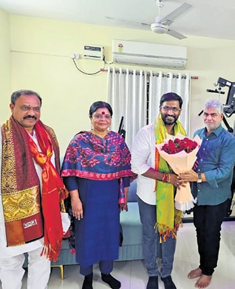 Telangana Assembly Speaker Gaddam Prasad felicitates newly elected MLCs Balmoor Venkat and Mahesh Goud on Monday. AICC state in-charge Deepa Dasmunshi is also seen