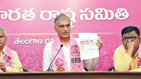 BRS leader T Harish Rao addresses a press meet in Hyderabad on Friday