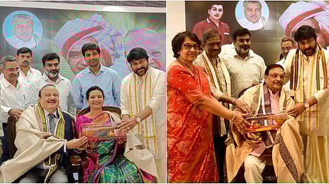 Film actor Chiranjeevi presenting the Loknayak Foundation Award to novelist & screenwriter Yandamuri Veerendranath and psychiatrist Dr Indla Ramasubba Reddy in Visakhapatnam on Saturday