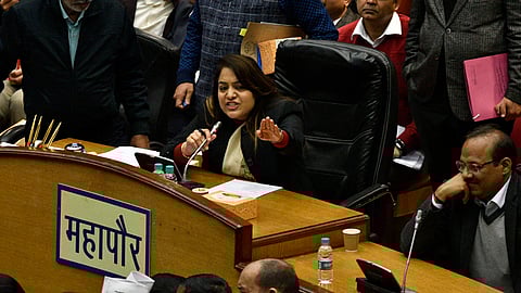 Delhi Mayor Shelly Oberoi, during the House meeting of Municipal Corporation of Delhi (MCD), at Civic Centre in New Delhi on Monday. January 29, 2024.
