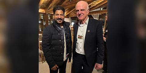 Chief Minister A Revanth Reddy with World Food Prize winner David Nabarro at the World Economic Forum in Davos on Thursday