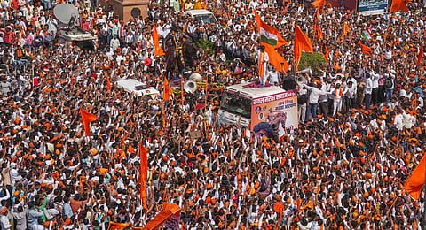 Supporters of the Maratha quota activist Manoj Jarange Patil during a protest demanding Maratha reservation, in Navi Mumbai.