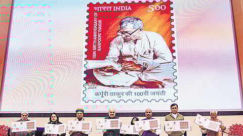 Home Minister Amit Shah, along with other Union ministers, releases postal stamps with the picture of Karpoori Thakur