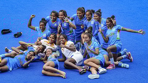 Indian players celebrate after their victory against Australia during women's field hockey quarterfinal match at the 2020 Summer Olympics in Tokyo.