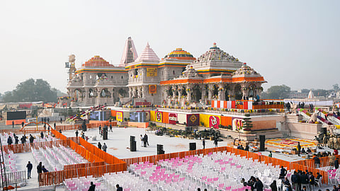 The compound and the building of Ram temple are decorated with flowers the day before the temple's grand opening in Ayodhya, Sunday, Jan. 21, 2024.