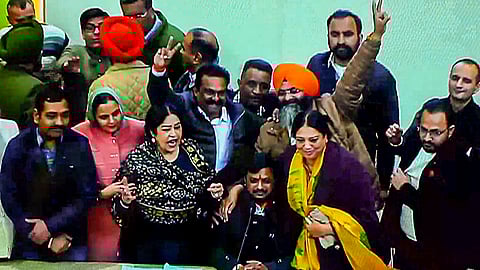 BJP's Manoj Sonkar with party councillors celebrates after winning the post of Mayor in the Chandigarh municipal corporation polls, in Chandigarh