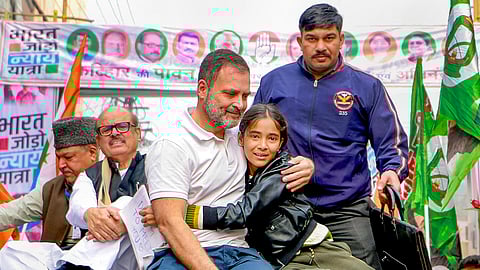 Congress leader Rahul Gandhi with supporters during the 'Bharat Jodo Nyaya Yatra', in Katihar, Bihar, Wednesday.