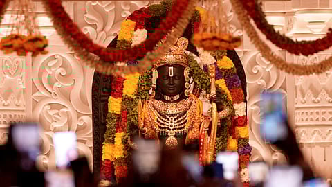 The idol of Ram Lalla after the 'Pran Pratishtha' ceremony of the Ram Mandir, in Ayodhya, Monday, Jan. 22, 2024.