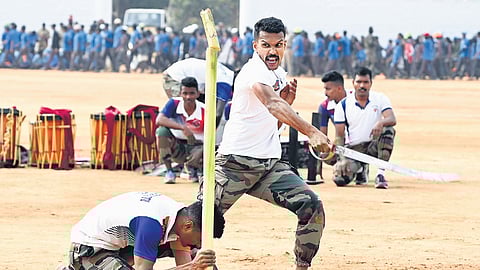 Defence personnel at the full dress rehearsal for the 75th Republic Day at Field Marshal Manekshaw Parade Ground in Bengaluru on Wednesday.