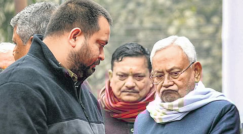 CM Nitish Kumar with his deputy Tejashwi Yadav at a function on the birth anniversary of Netaji Subhas Chandra Bose in Patna on Tuesday.