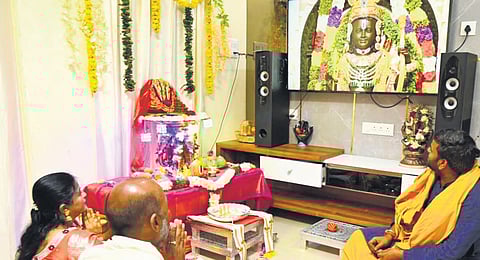 BJP national general secretary and MP Bandi Sanjay
Kumar performs a special pooja as he watches the Ayodhya Ram Mandir consecration live on TV
at his residence in Karimnagar
on Monday