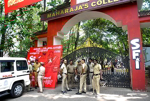 Police officials deployed in front of Maharaja’s College following clashes between student organisations