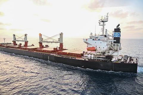 This handout photograph released on January 18, 2024 by the Indian Ministry of Defence shows the Marshall Island flagged MV Genco Picardy vessel following a drone attack in the Gulf of Aden.