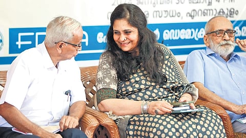 Civil rights activist Teesta Setalvad with Adv P A Pouran and Prof K Aravindakshan at Justice Krishna Iyer award ceremony held in Kochi on Tuesday | T P Sooraj