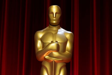 A replica of the Academy Awards statuette on display prior to the 96th Academy Awards nominations announcement on Tuesday, Jan. 23, 2024, at the Samuel Goldwyn Theater in Beverly Hills