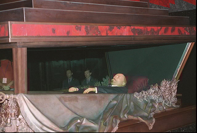 The embalmed corpse of Vladimir Lenin, the founder of the Soviet Union, lies behind glass in his mausoleum on Red Square outside the Kremlin wall in Moscow, Russia, in this photo taken on Nov. 30, 1994.