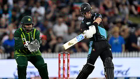 New Zealand's Finn Allen bats during the T20 cricket international between New Zealand and Pakistan at Eden Park in Auckland, New Zealand, Sunday, Jan. 14, 2024.