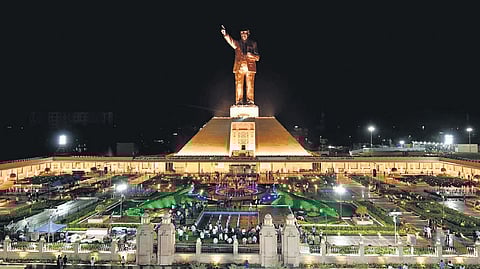 Illuminated Ambedkar statue at Smriti Vanam in Vijayawada