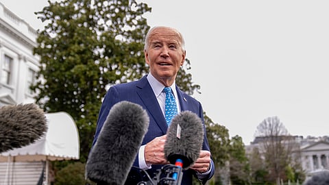 President Joe Biden speaks to members of the media before boarding Marine One on the South Lawn of the White House in Washington, Tuesday, Jan. 30, 2024, for a short trip to Andrews Air Force Base, Md., and then on to Florida for campaign receptions. (AP Photo/Andrew Harnik)